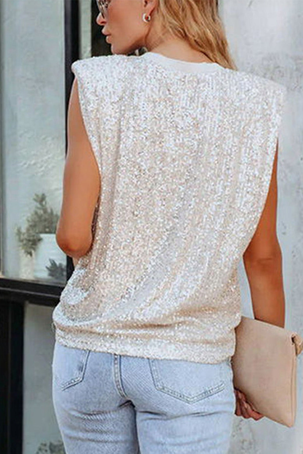 Pearl colored Sequin Round Neck Tank Top