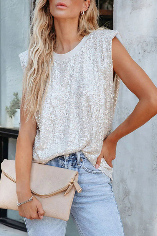 Pearl colored Sequin Round Neck Tank Top