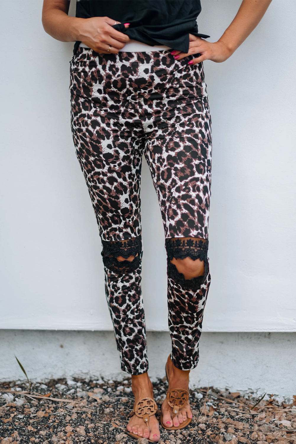 Leopard Print Lace Cut-out Knee Leggings